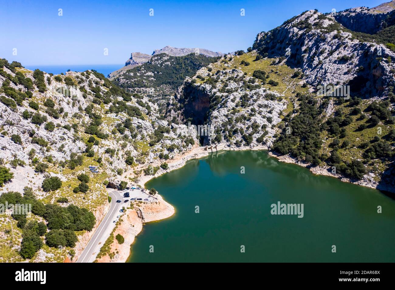 Aerial view of the reservoir, Embalse de Gorg Blau, Tramuntana, Majorca, Balearic Islands, Spain Stock Photo