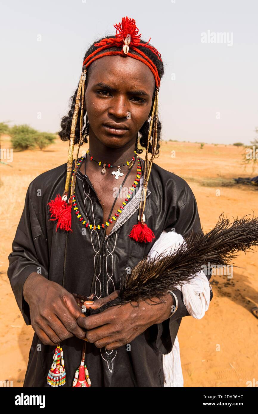 Young peul man, Gerewol festival, courtship ritual competition among the Fulani ethnic group, Niger Stock Photo