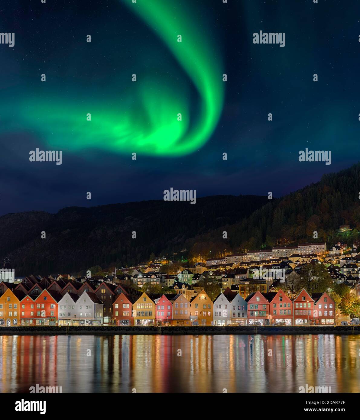 B Bryggen Northern LightsBergen City Norway Stock Photo