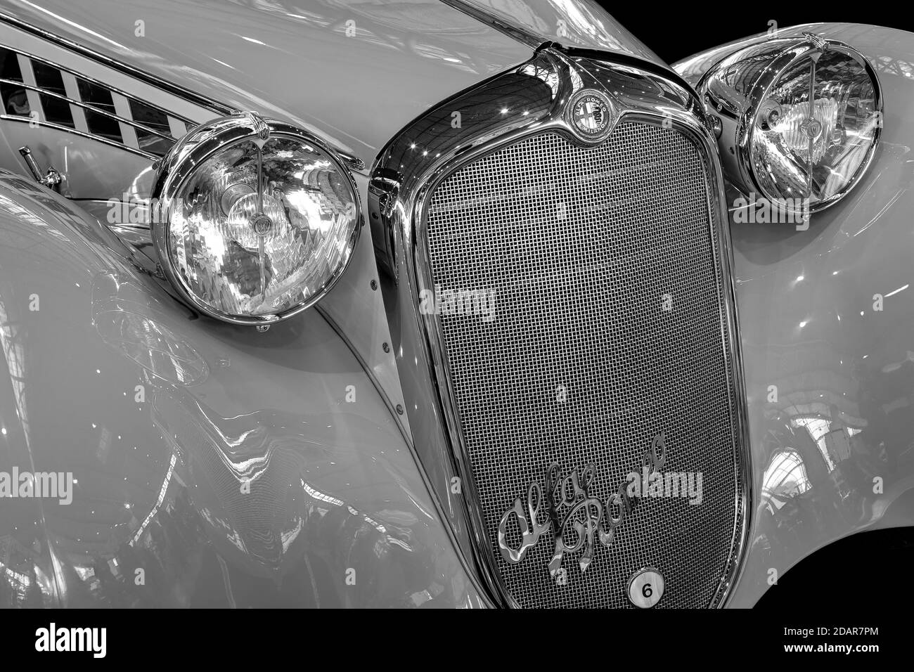 Oldtimer detail, Alfa Romeo GC 2300B, in black and white Stock Photo