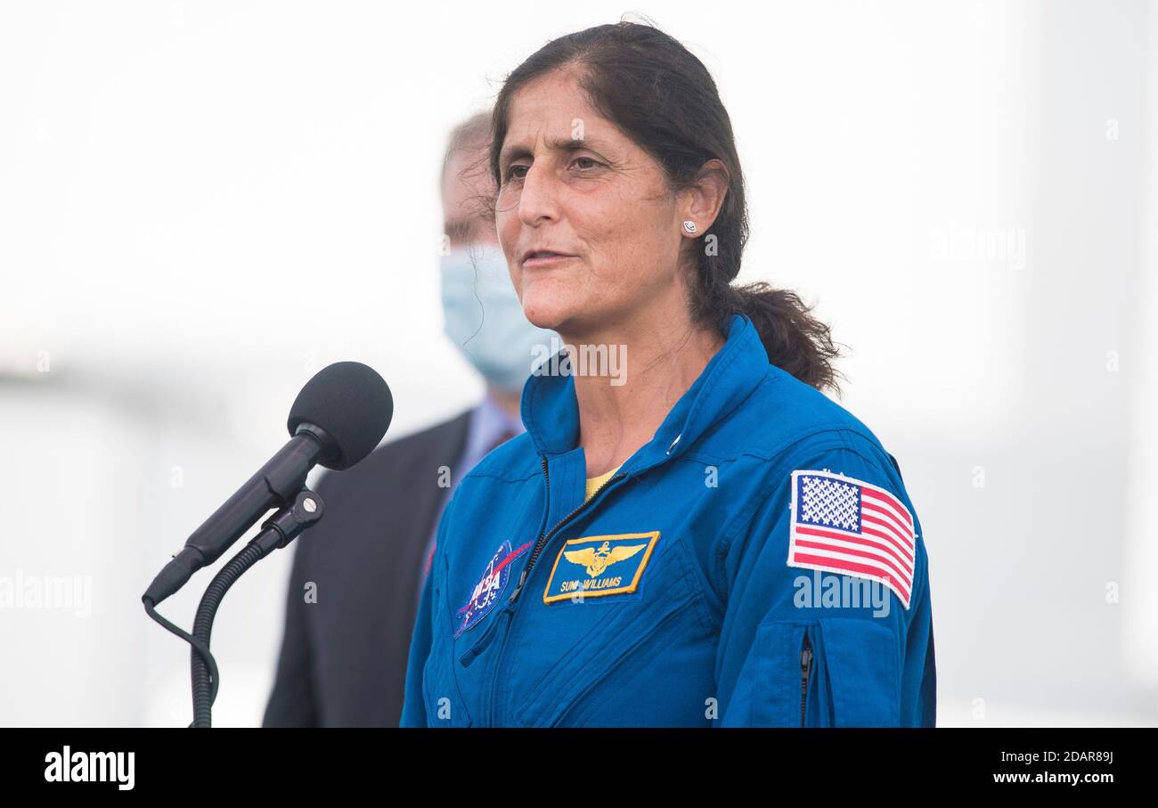 NASA backup astronaut Suni Williams speaks to members of the media at the Kennedy Space Center November 13, 2020 in Cape Canaveral, Florida. Stock Photo
