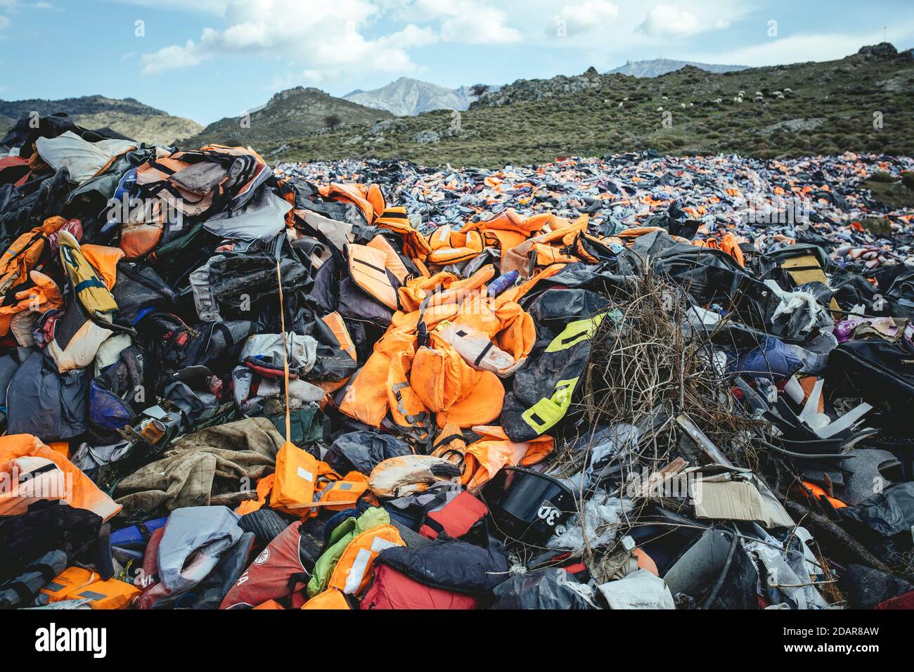 Life jackets at the waste disposal site near Molivos, Lesbos, Greece Stock Photo
