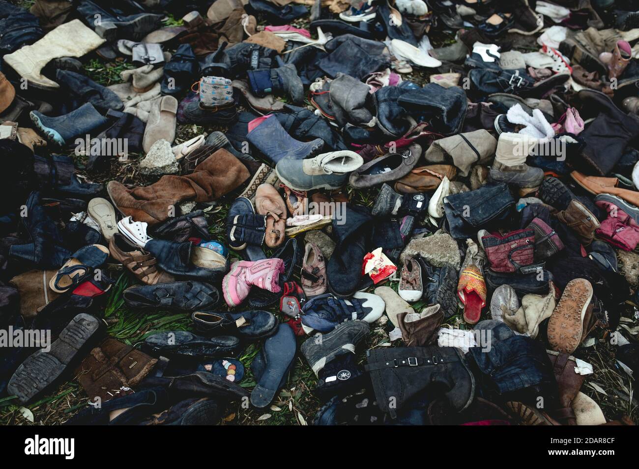 Delivery of old shoes for the inmates of Camp Moria, Lesbos, Greece Stock Photo