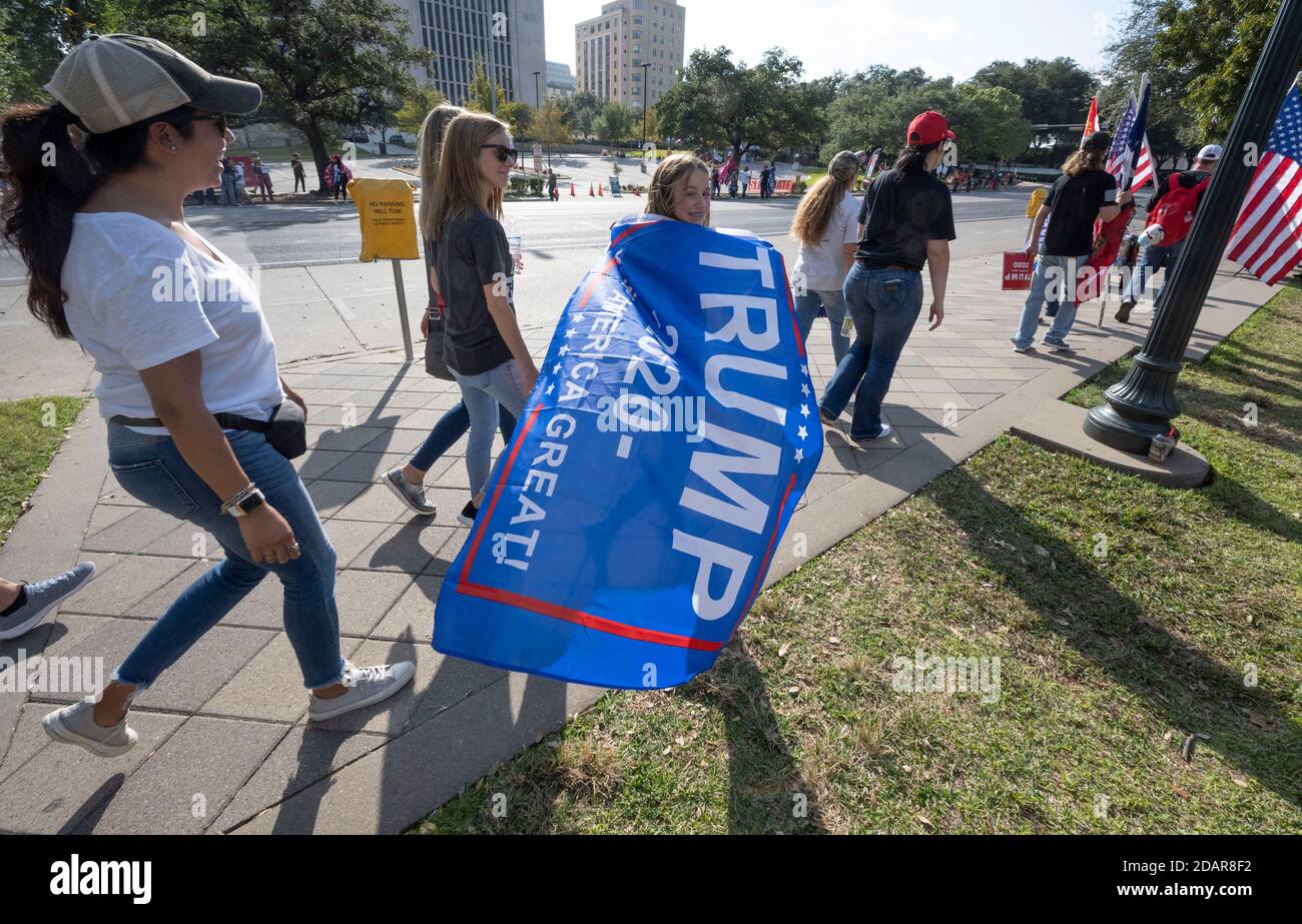 Austin, TX USA November 14, 2020: Several hundreds supporters of Pres. Donald Trump rally near the Texas Capitol, adamant that the president should not concede to Joe Biden until cases of election fraud are investigated and all votes counted. So far no widespread cases of illegal voting have arisen almost two weeks after the election. Credit: Bob Daemmrich/Alamy Live News Stock Photo