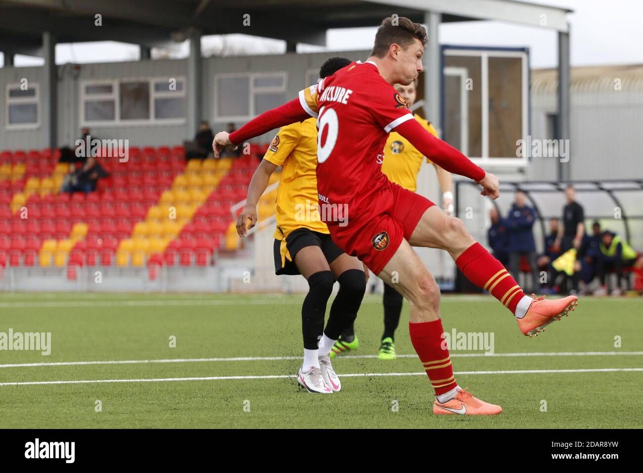 Gloucester, UK. 14th Nov, 2020. Matt McClure (#10 Gloucester City AFC) pictured after striking the ball during the Vanarama National League North game between Gloucester City AFC and Bradford (Park Avenue) AFC at New Meadow Park in Gloucester. Kieran Riley/SSP Credit: SPP Sport Press Photo. /Alamy Live News Stock Photo