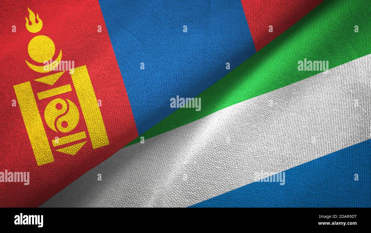 Mongolia and Sierra Leone two flags textile cloth, fabric texture Stock Photo