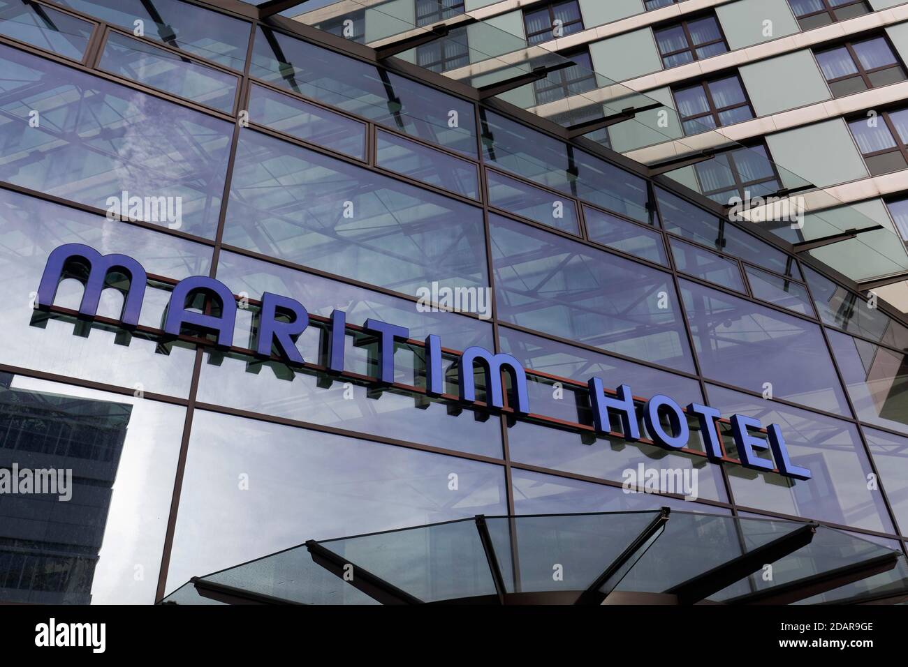 Maritim Hotel lettering on the facade, Duesseldorf Airport, North Rhine ...