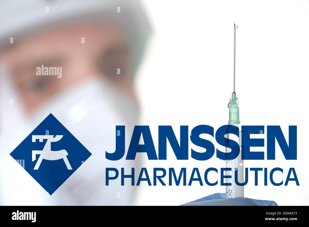 Symbol image Corona vaccine from JANSSEN PHARMACEUTICA, man with syringe, corona crisis, Baden-Wuerttemberg, Germany Stock Photo