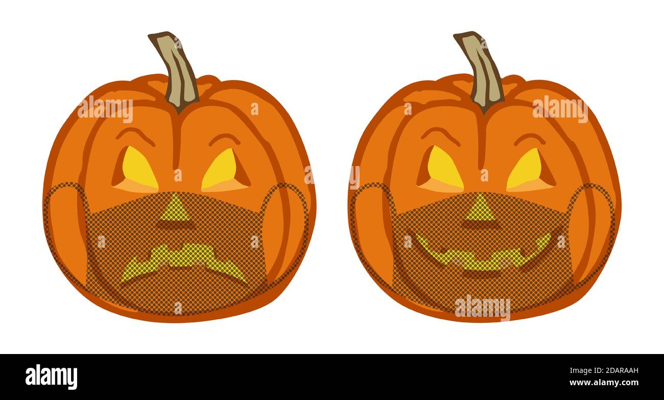 Sad and smiling Halloween pumpkins in protective face masks Stock Vector