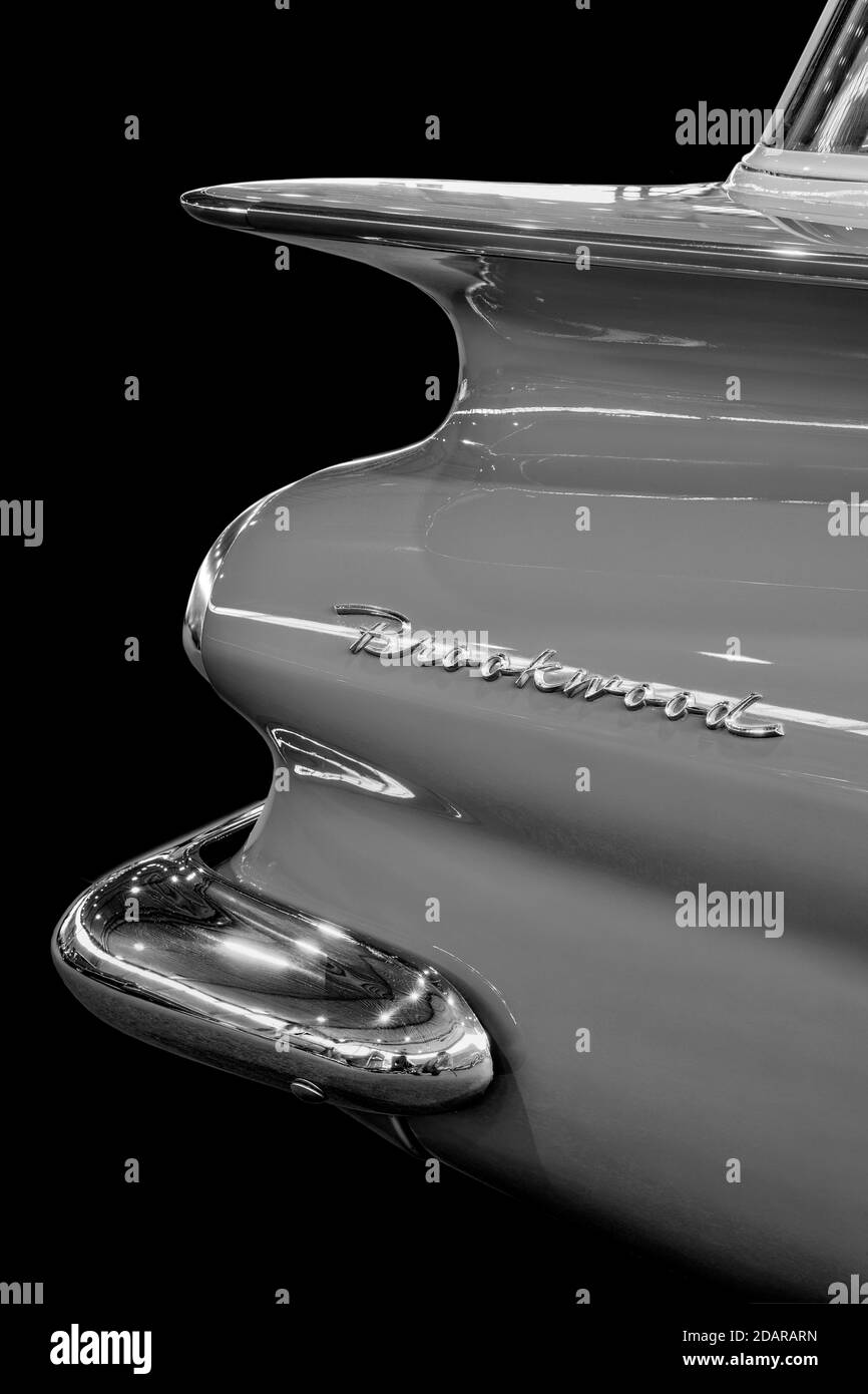Oldtimer detail, Chevrolet Brookwood 1959, in black and white Stock Photo