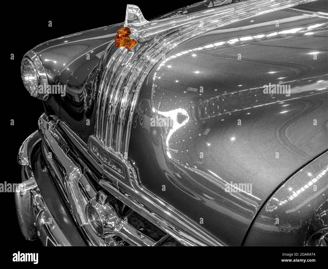 Oldtimer detail, Pontiac Chieftain 1953, in black and white Stock Photo