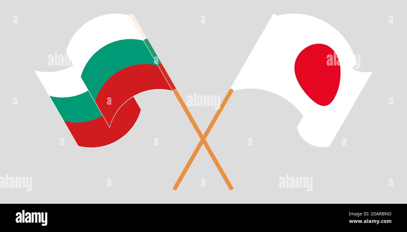 Crossed and waving flags of Bulgaria and Japan. Vector illustration Stock Vector
