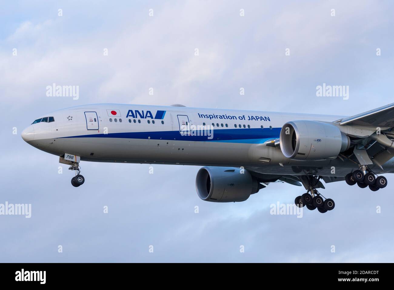 ANA, All Nippon Airways, Boeing 777 jet airliner plane JA796A on approach to land at London Heathrow Airport, UK, during COVID 19 lockdown. Japanese Stock Photo