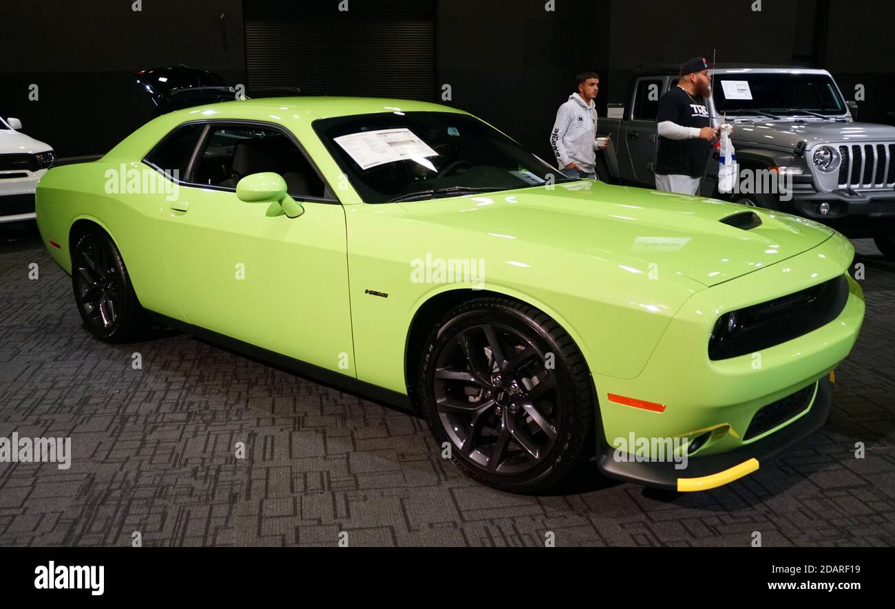 Wilmington, Delaware, U.S.A - October 6, 2019 - The rear view of the brand new 2020 Dodge Challenger SRT Hellcat Sublime Green Edition Stock Photo