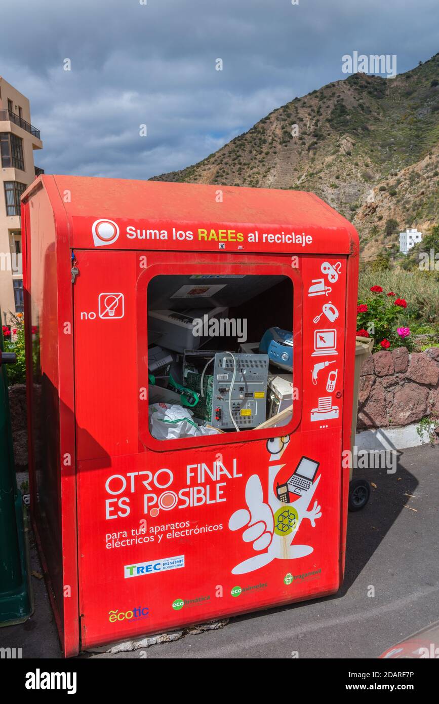 Public container for electronic scrap metal, Vallehermoso, La Gomera, Cannary Islands, Spain Stock Photo