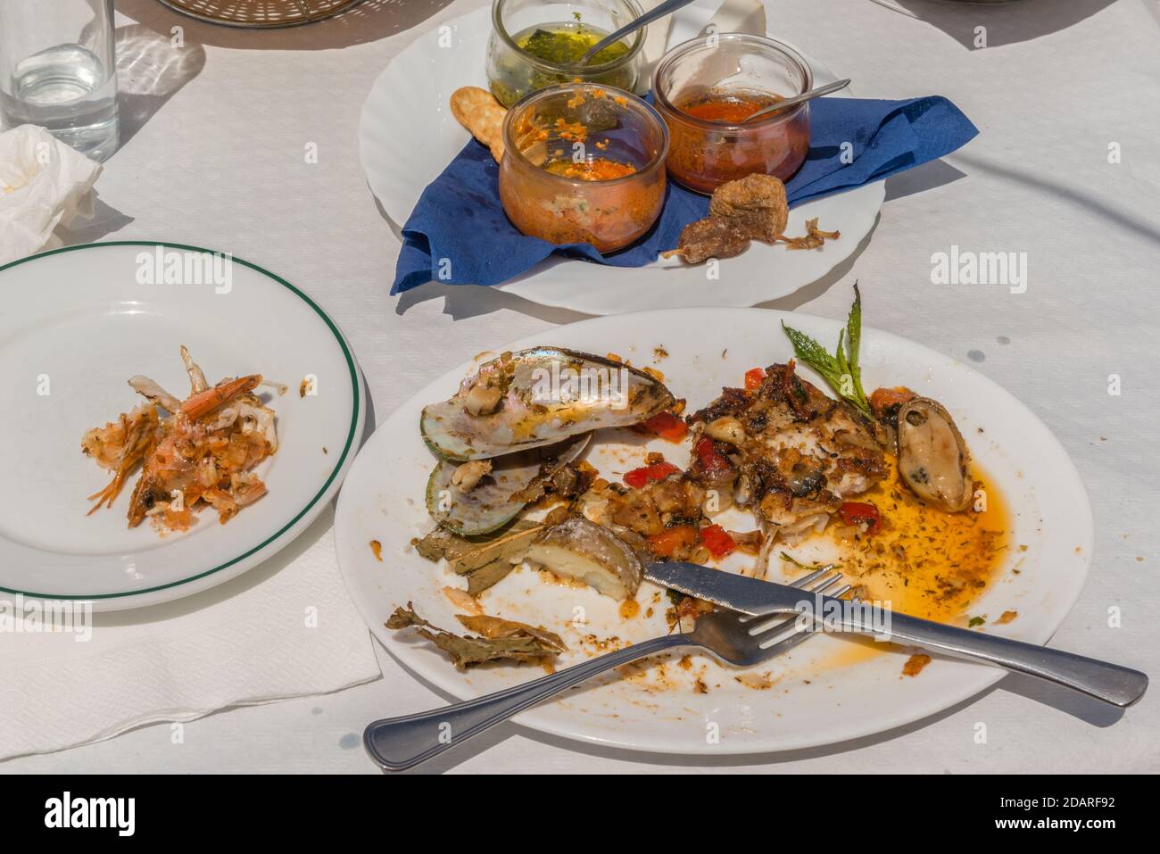 Restaurant  'Rincon del Campesino' in Las Rosas, leftovers of a typical Spanish meal, La Gomera, Canary Islands, Spain, Stock Photo
