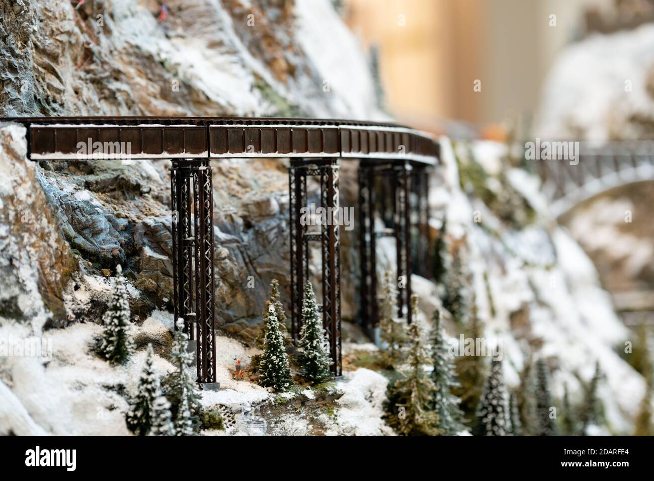 Train track curve over mountain pass Stock Photo