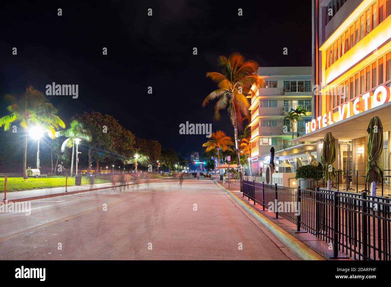 MIAMI BEACH, FL, USA - NOVEMBER 13, 2020: Long exposure night photo Miami Beach Ocean Drive SOBE Stock Photo