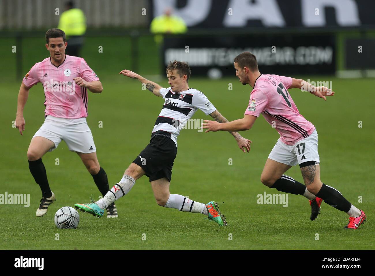 DARLINGTON, ENGLAND. NOVEMBER 14TH Darlington's Jarrett Rivers in action with Andy Bond and Zak Lilly of AFC Telford during the Vanarama National League North match between Darlington and AFC Telford United at Blackwell Meadows, Darlington on Saturday 14th November 2020. (Credit: Mark Fletcher | MI News) Credit: MI News & Sport /Alamy Live News Stock Photo