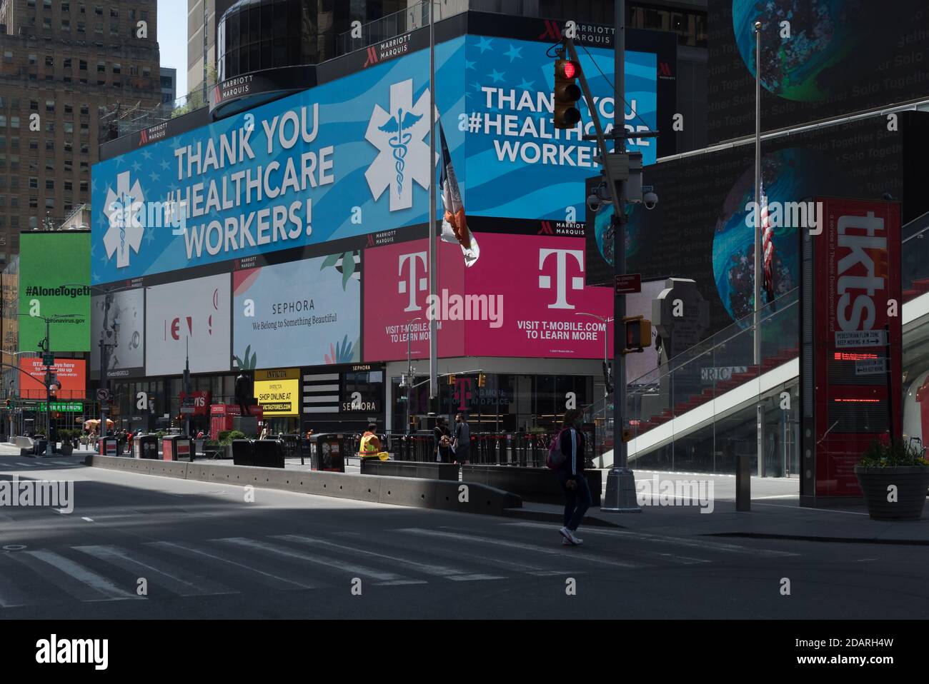 May 20, 2020. Manhattan, New York, Usa. Digital billboards supporting health care workers on an empty Times Square. Stock Photo