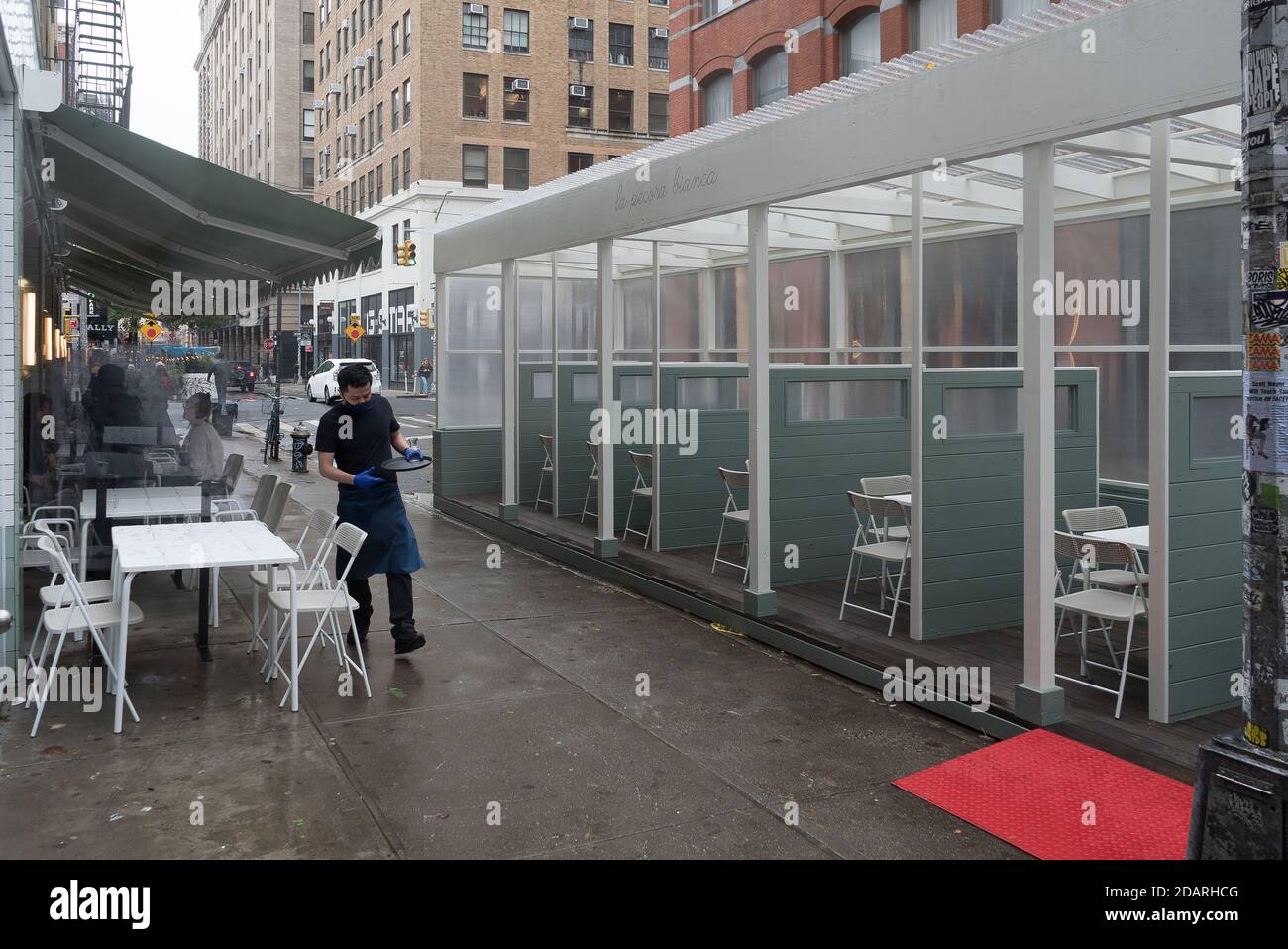 Manhattan, New York. November 13, 2020. Restaurant outdoor dining area in Soho. Stock Photo