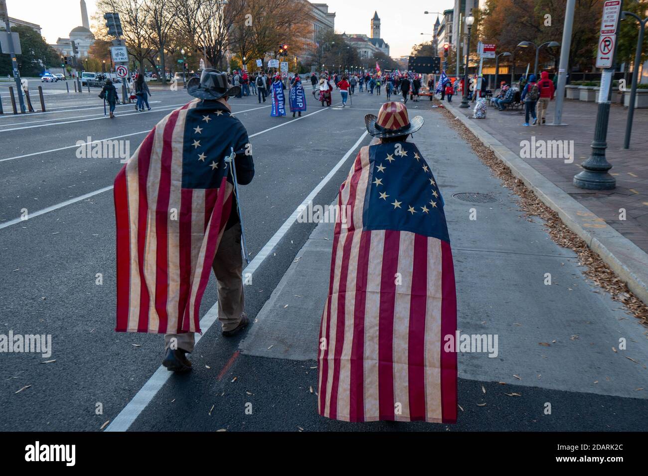 Washington, United States. 14th Nov, 2020. Pro President Trump supporters who are part of the 'Million MAGA March', make their way back to Freedom Plaza after their march to the Supreme Court in Washington, DC on Saturday, November 14, 2020. Some of President Trump's staff are pushing to keep him in office in spite of an obvious win for President elect Joe Biden in both electoral and popular votes causing a national security crisis. Photo by Ken Cedeno/UPI Credit: UPI/Alamy Live News Stock Photo