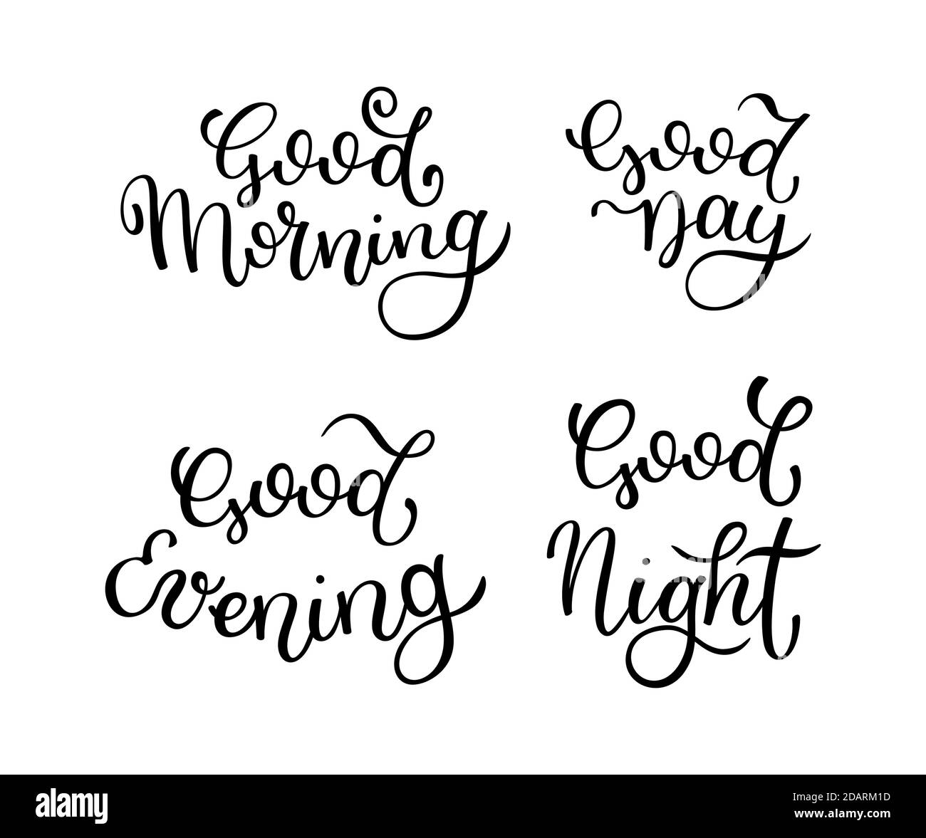 Hand lettering Good morning, Good day, Good evening, Good night. Template for card, poster, print. Stock Vector