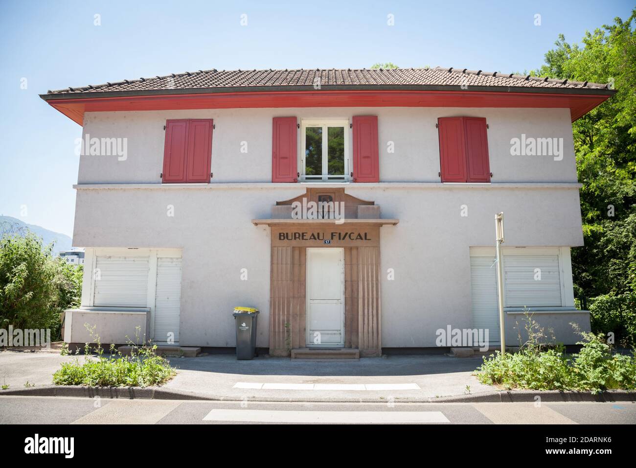 AMBILLY, FRANCE - JUNE 18, 2017: Douane de Mon Idee a French customs building at the abandoned border crossing between France and Switzerland closed s Stock Photo