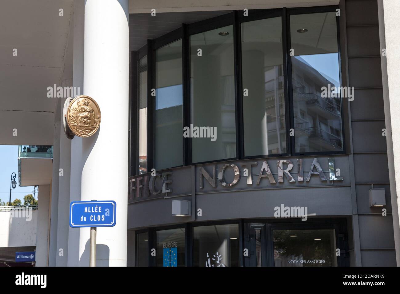 ANNEMASSE, FRANCE - JUNE 19, 2017: French Notary (Notaire) logo on a plate indicating its office in Annemasse.  An office Notarial in France is author Stock Photo