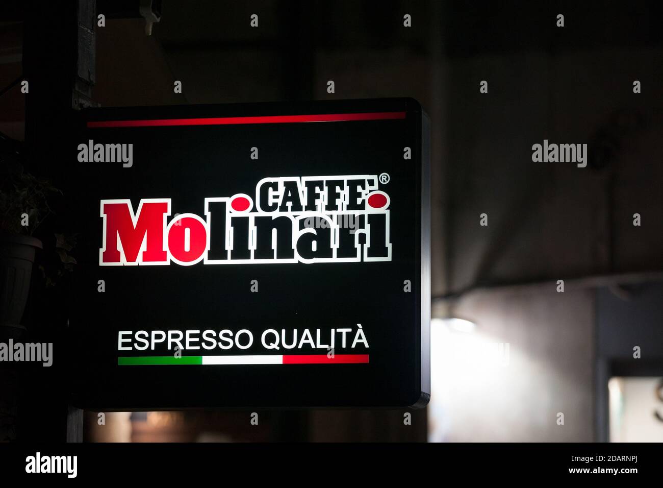 BELGRADE, SERBIA - OCTOBER 20, 2020:  Caffe Molinari logo in front of one of their retailer cafe in Belgrade. Caffe Molinari is an italian coffee prod Stock Photo