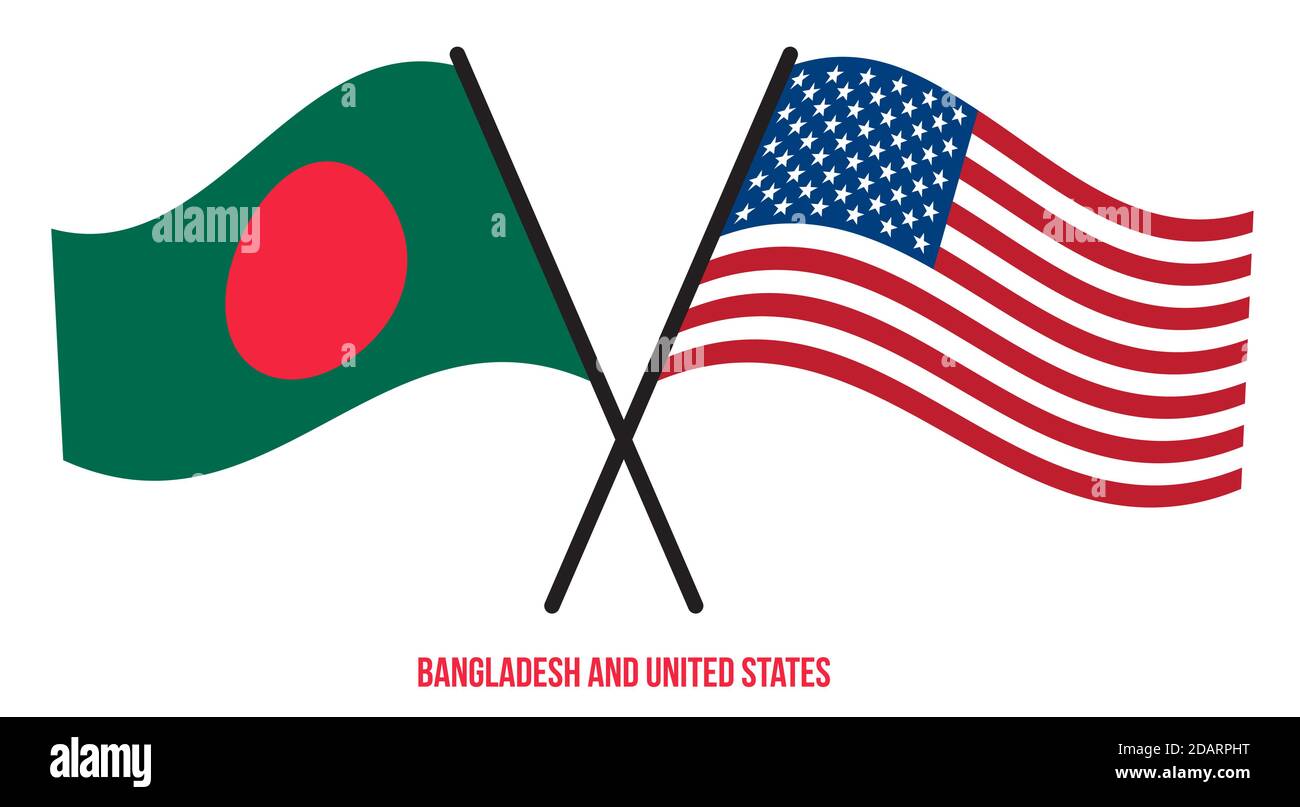 Bangladesh and United States Flags Crossed And Waving Flat Style ...