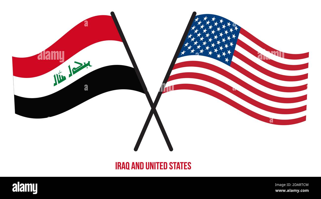 Iraq and United States Flags Crossed And Waving Flat Style. Official Proportion. Correct Colors. Stock Vector