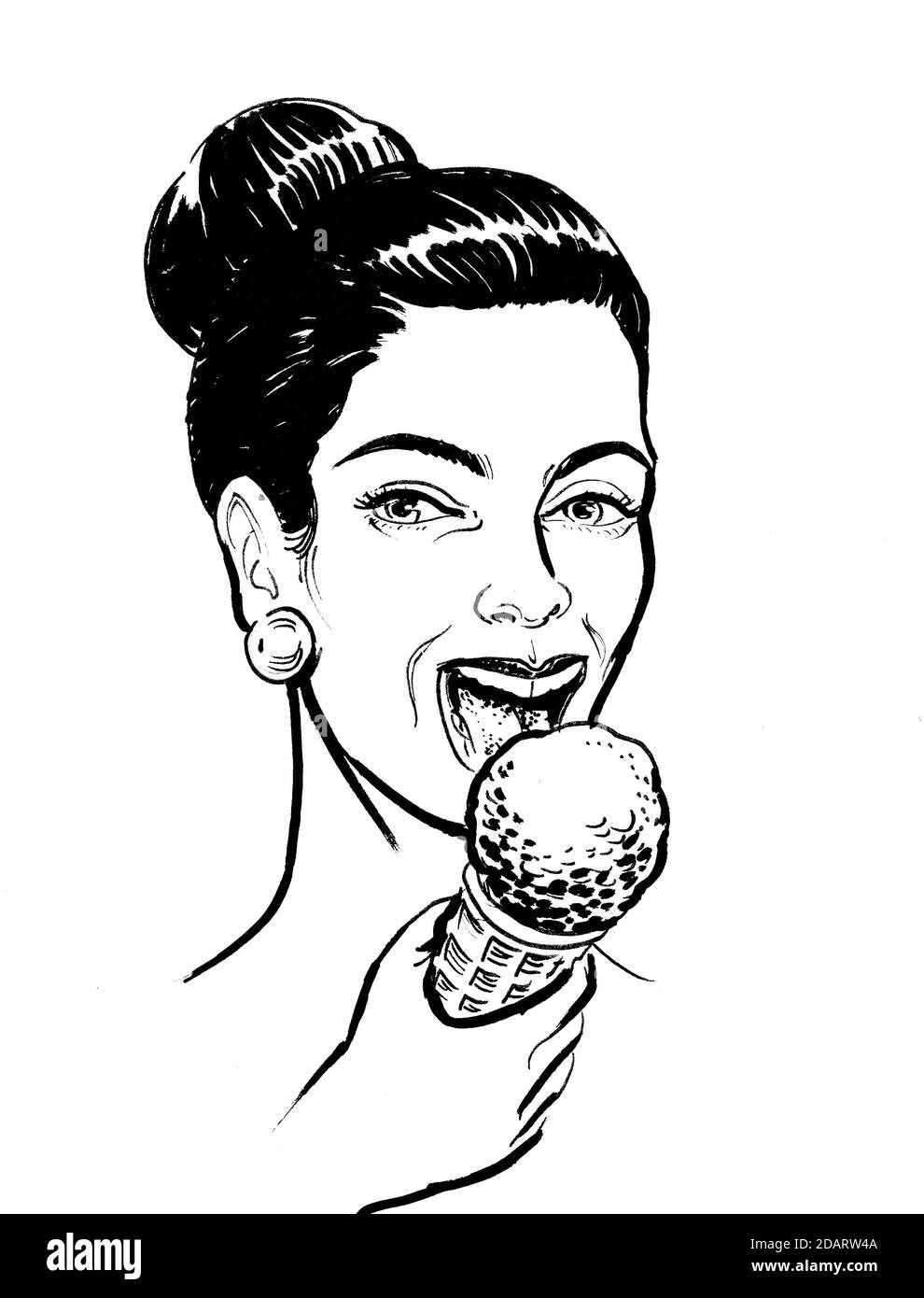 Happy brunette woman eating an ice cream cone. Ink black and white drawing Stock Photo