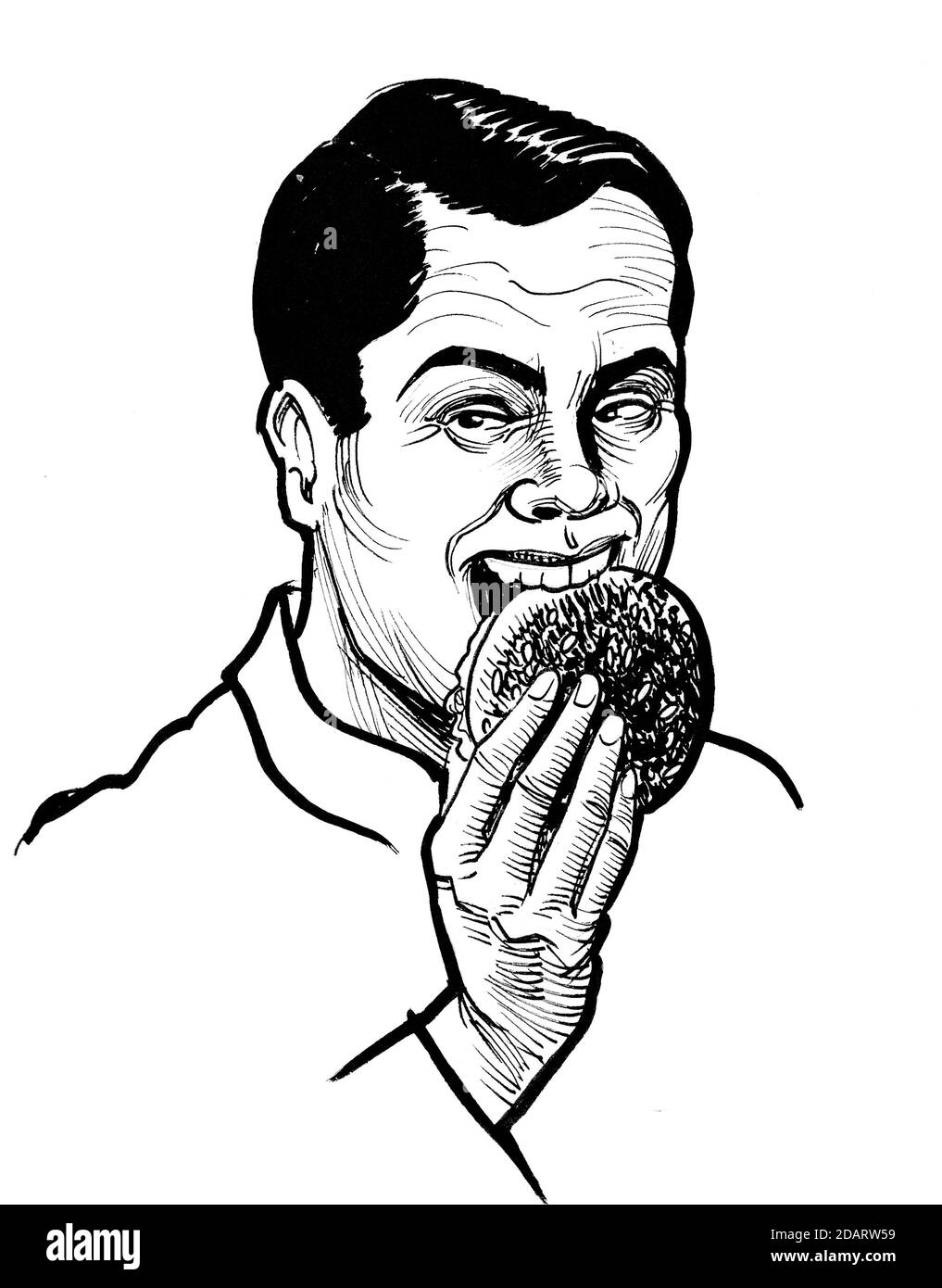 Happy man eating a burger. Ink black and white drawing Stock Photo