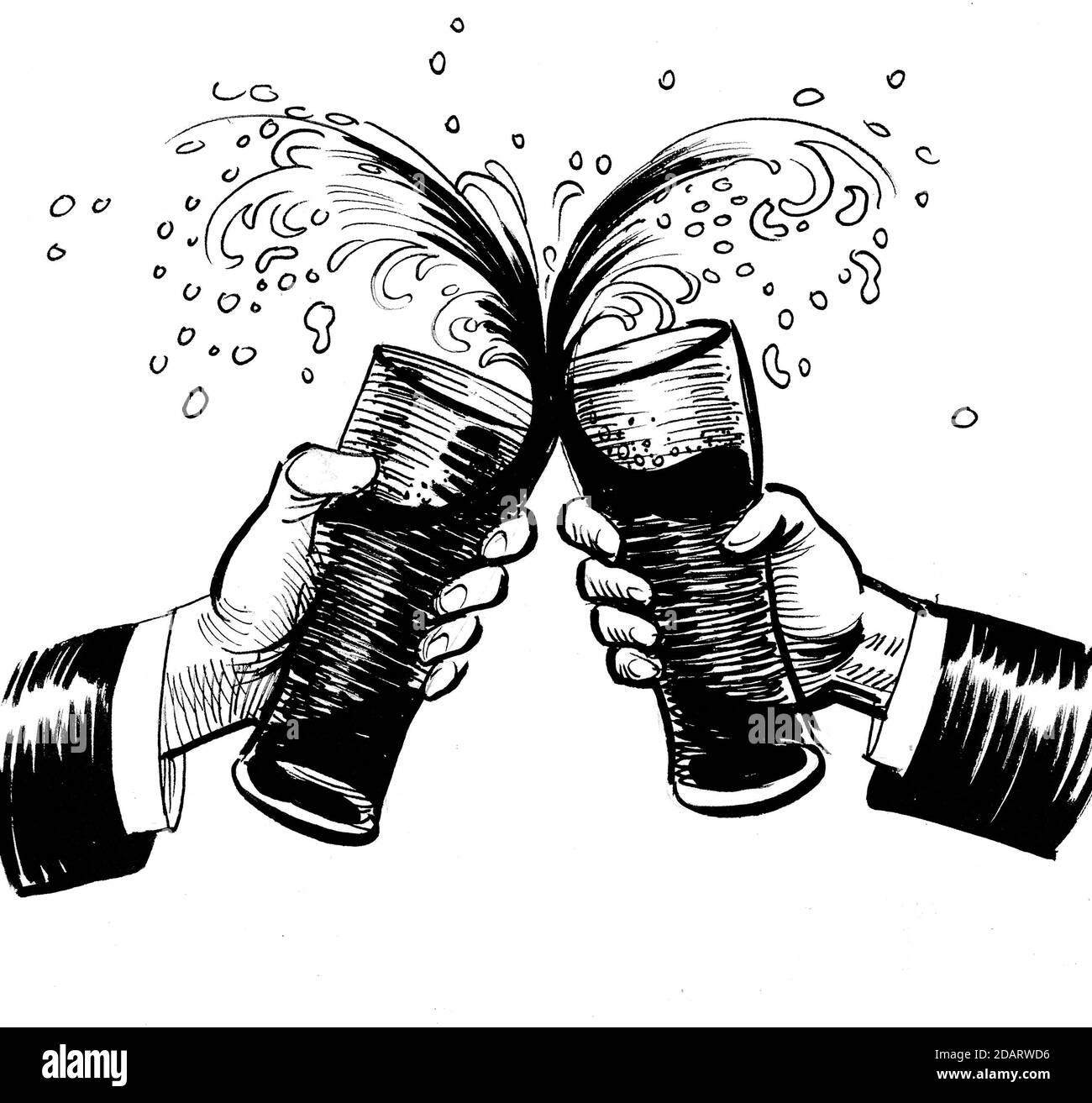 Two toasting hands with glasses of beer. Ink black and white drawing Stock Photo