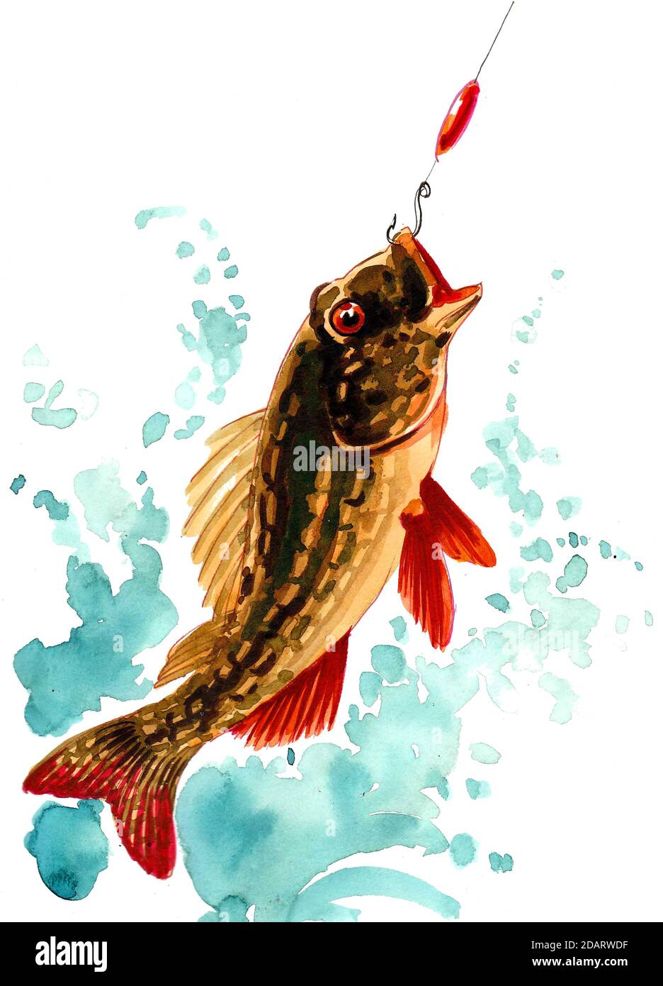 Fish biting fishing hook. Ink and watercolor drawing Stock Photo - Alamy