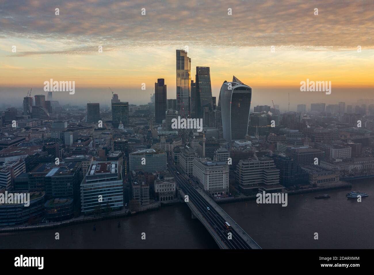 London city skyline, morning sunrise aerial panoramic view, United ...