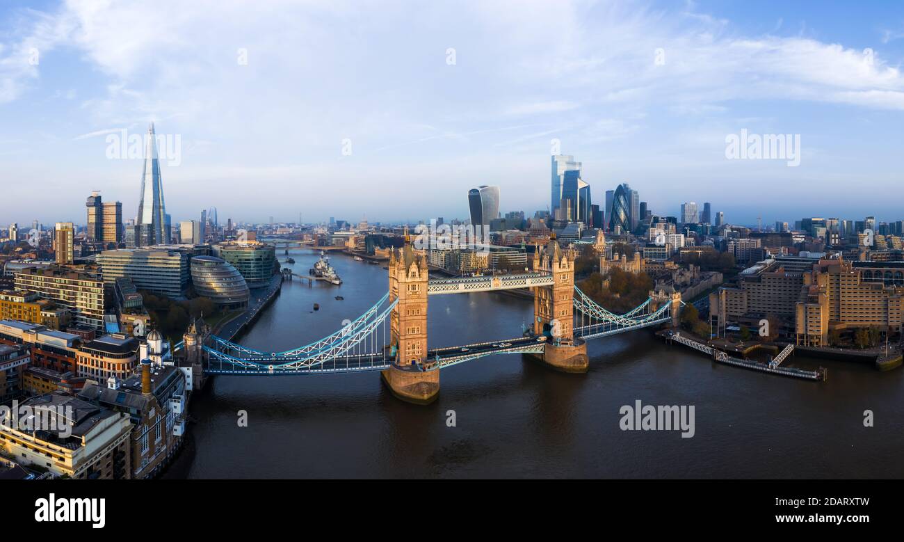 Aerial view of the Tower Bridge in London. One of London's most famous bridges and must-see landmarks in London. Beautiful panorama of London Tower Br Stock Photo