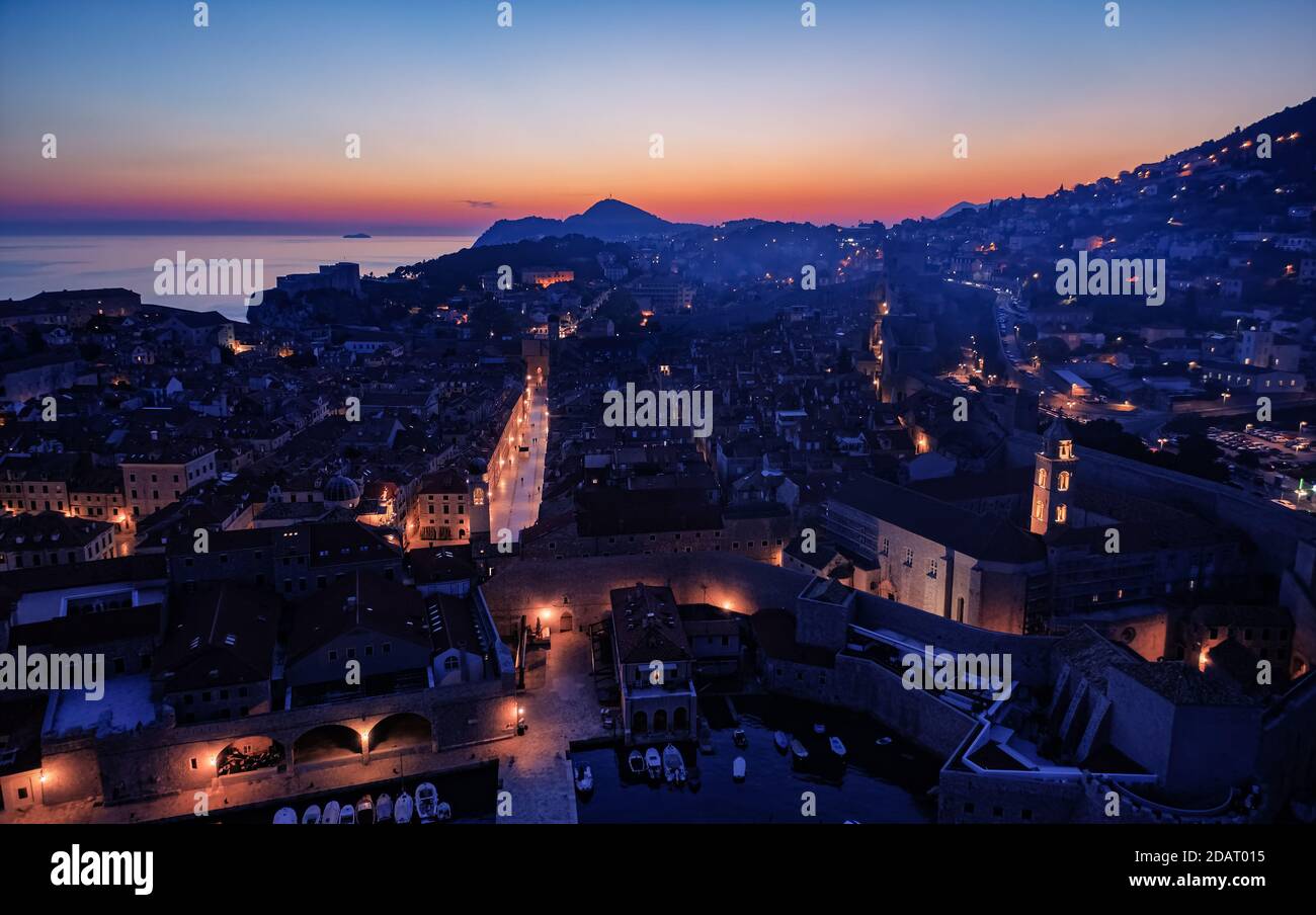 Dubrovnik old town sunset panorama drone shot Stock Photo