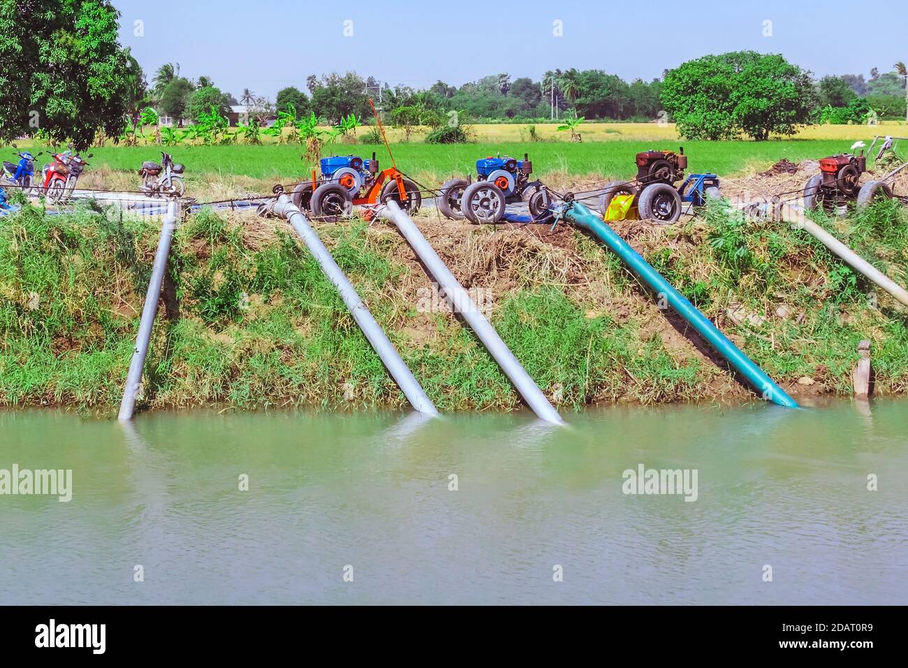Row of water pump on trailer used to pump water from irrigation canal