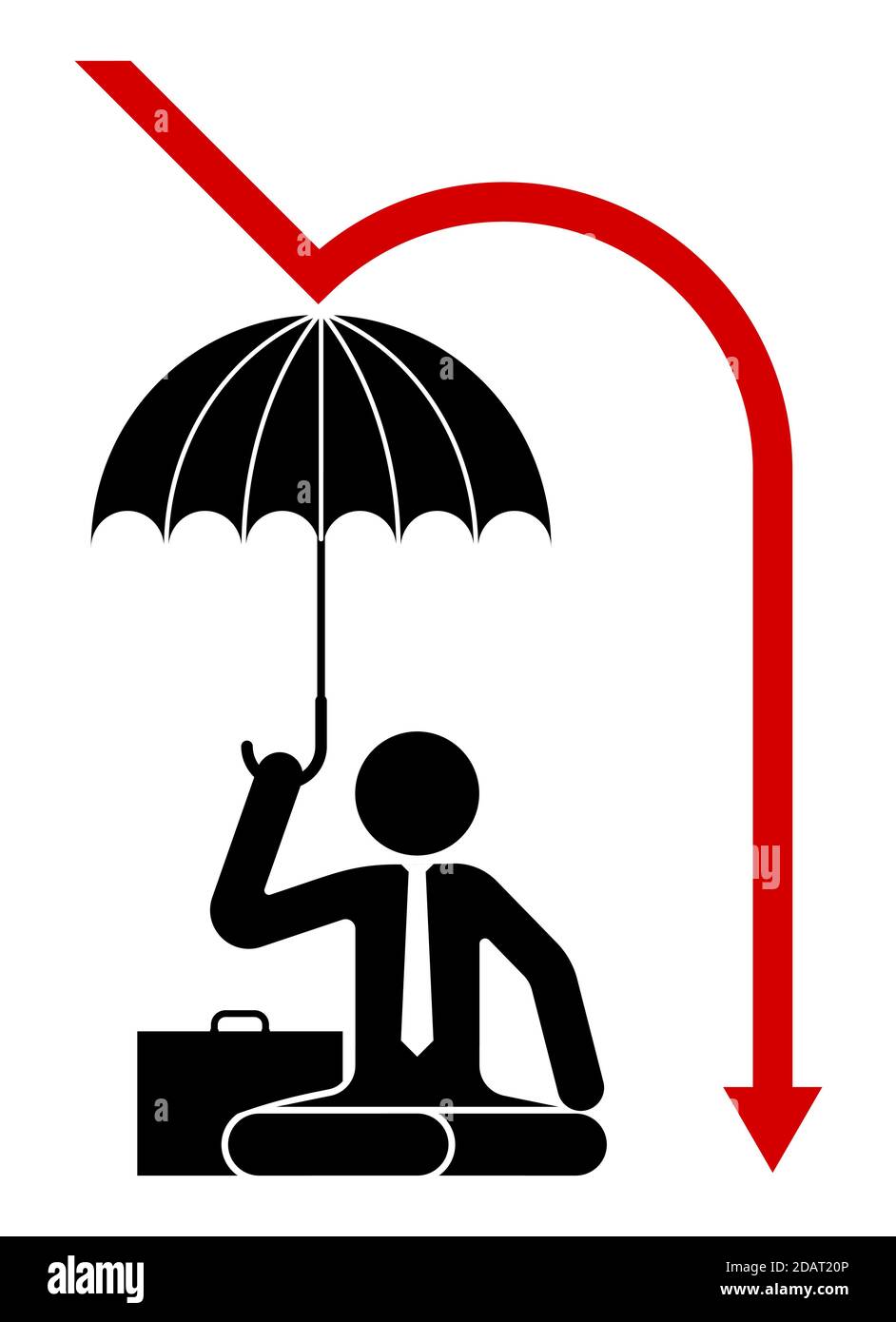 Icon, a man sits under an umbrella protected from falling prices. Protecting a business during a crisis. Isolated vector on white background Stock Vector
