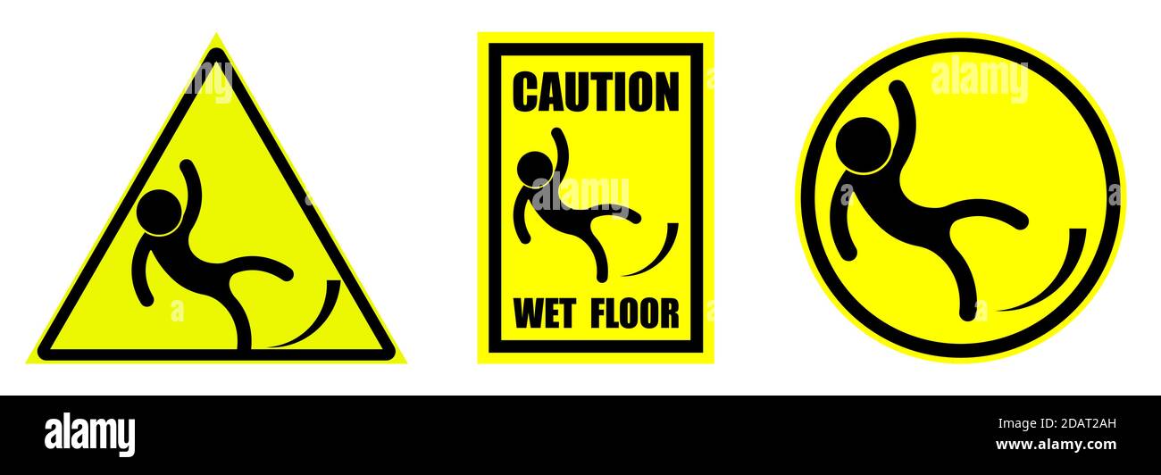 Set of warning signs slippery floor on a yellow background. Isolated vector Stock Vector