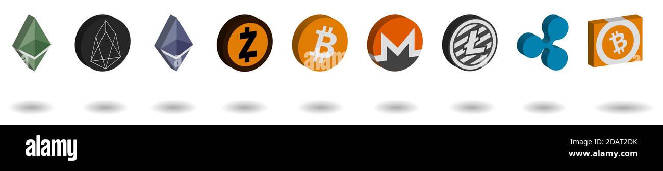 top 9 main cryptocurrency logos in 3D colors Stock Vector