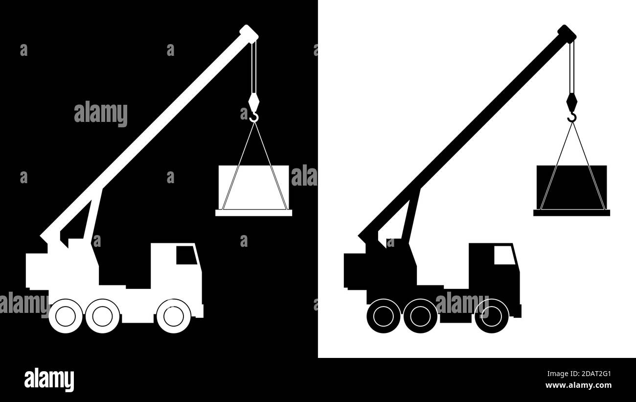 Icon, construction crane with a load. Black white isolated vector Stock Vector