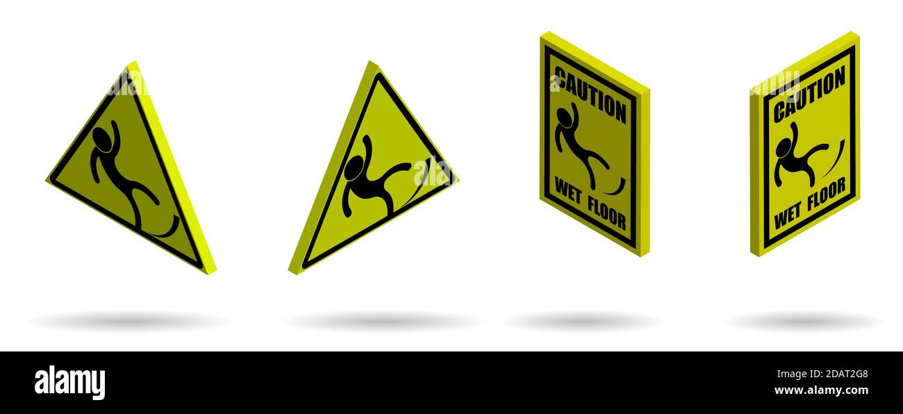 Set of warning signs slippery floor on a yellow background. Isometric, Isolated vector Stock Vector