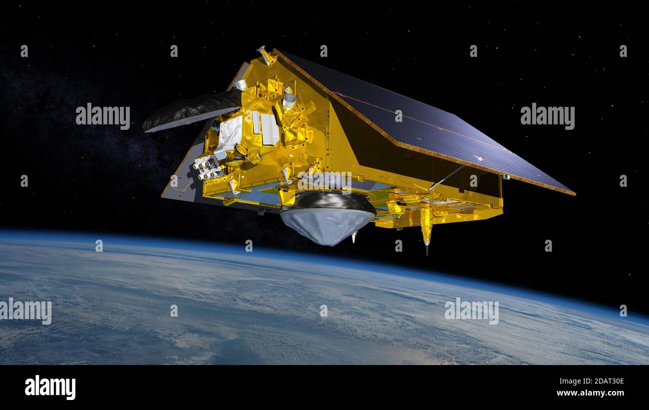 Artists illustration of the Sentinel-6 Michael Freilich spacecraft in orbit above Earth with its deployable solar panels extended. As the world's late Stock Photo