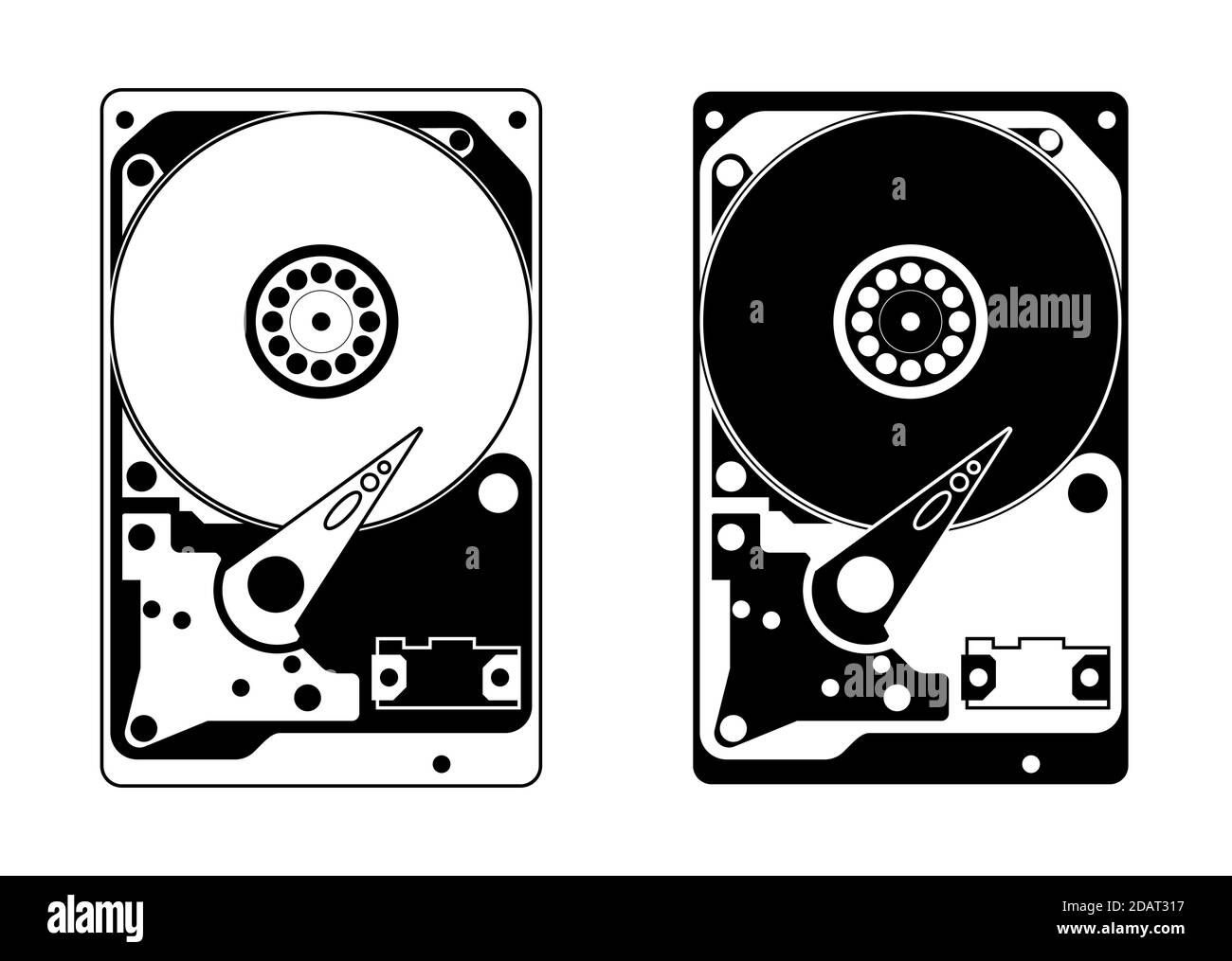 Hard drive without a top cover with internal device and mechanisms. In a linear style, black and white icon. Isolated vector Stock Vector