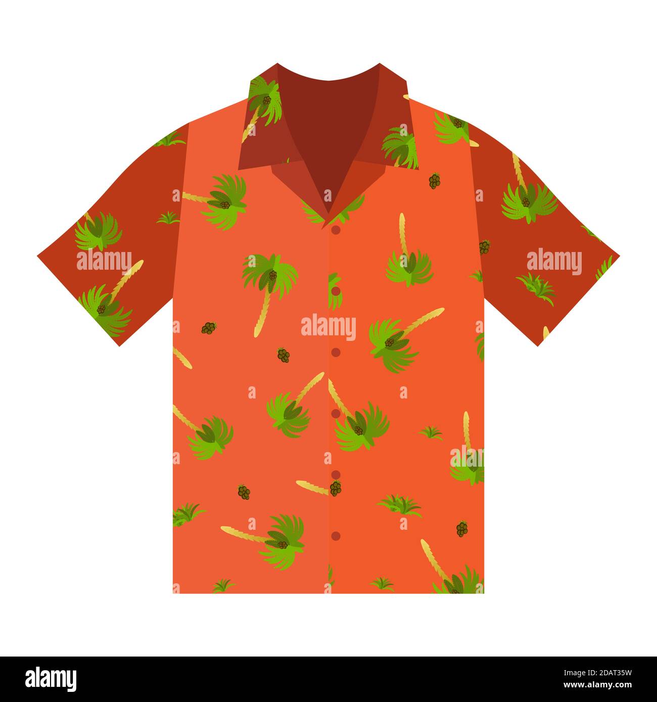 Short-sleeved summer shirt in orange. Ornament of palm trees and coconuts. Summer clothes. Isolated vector on white background Stock Vector