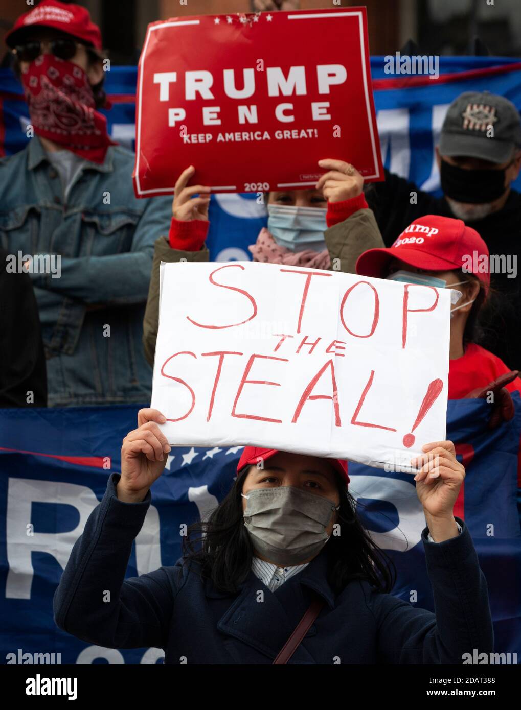 Massachusetts State House, Boston, Massachusetts, USA. 14 Nov. 2020.  A small group of supporters of current U.S. president Donald Trump gathered on the steps of the Massachusetts State House echoing Trump’s claim that the Democrats have stolen the 2020 election.  Stop The Steal demonstrations happened around the United States on Saturday. Stock Photo