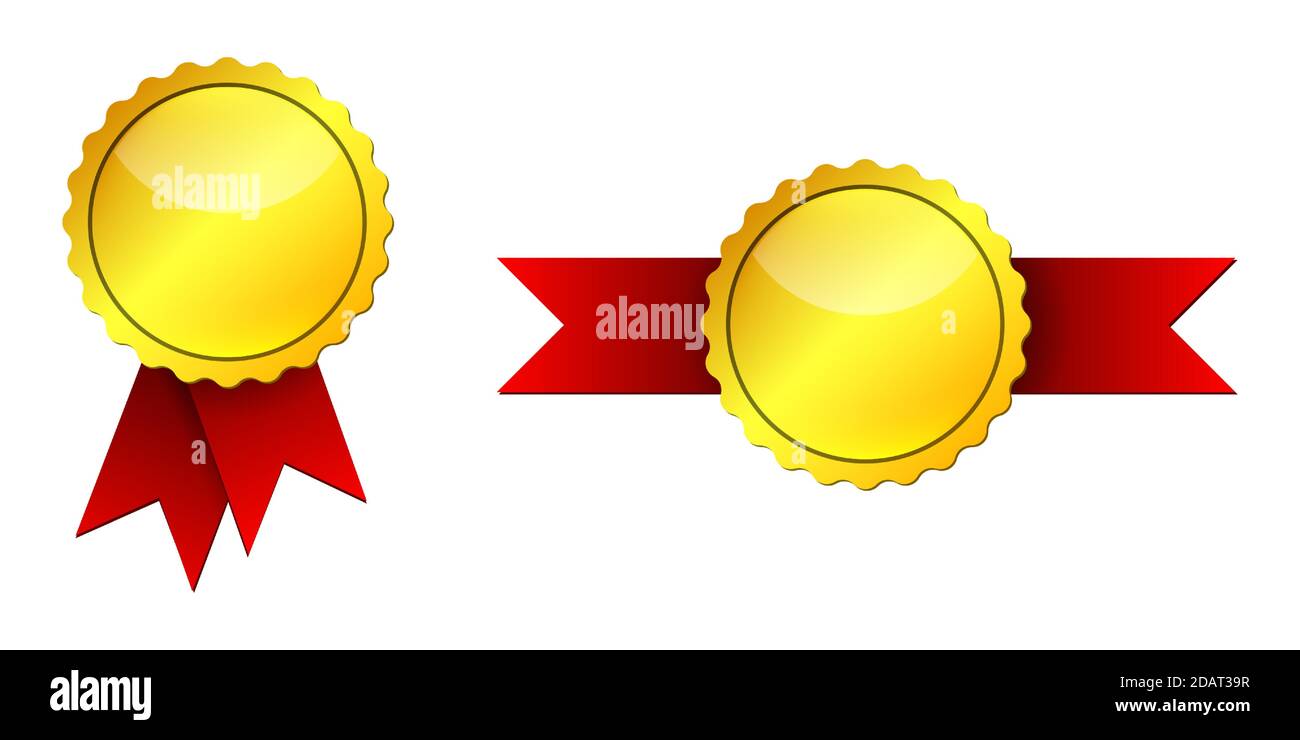 Gold medal with red ribbons. Vector illustration. Set of golden medals ...